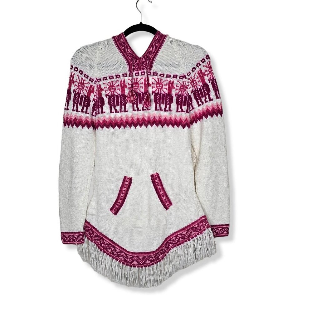⚡️Kactus Artesanias Womens Size XS Cream Pink Alpaca Hooded Sweater Fringe Peru